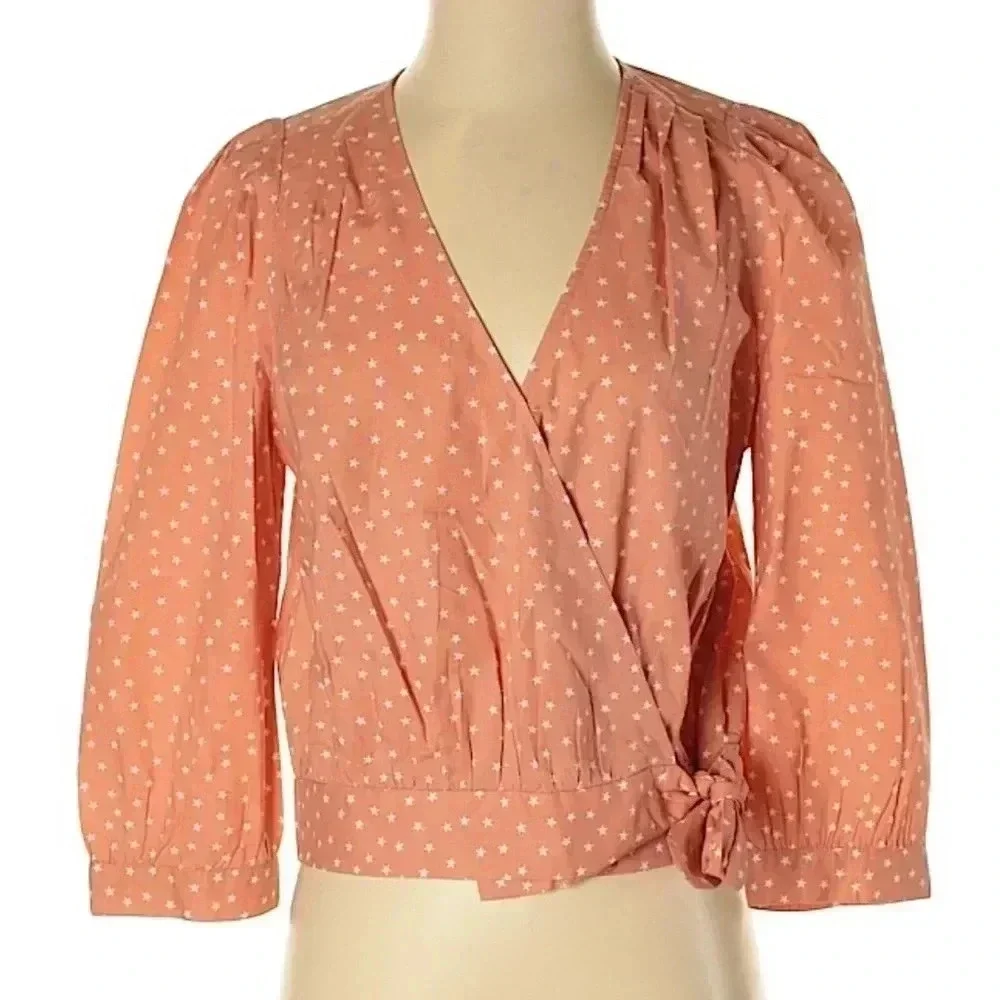 Madewell Wrap Top Women’s Pink Star Scatter Puff Sleeve V Neck Cropped Size XXS